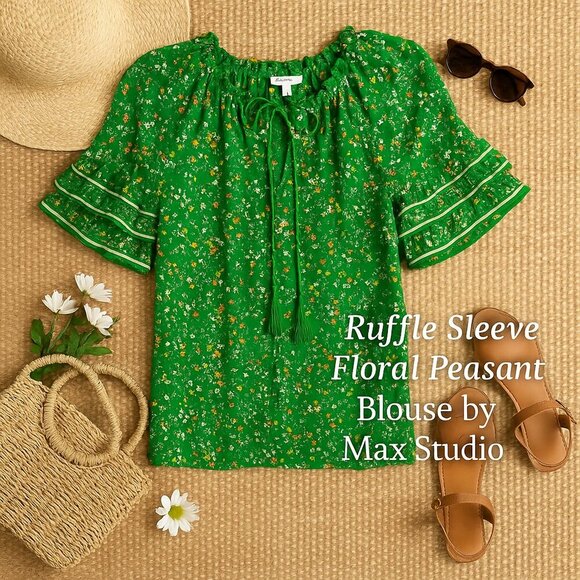 Max Studio Green Floral Peasant Blouse 1X | Ruffle Sleeve Boho Tassel Tie Top - Picture 1 of 14
